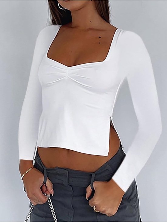 Tops - White Long Sleeve Square Neck Crop Top
